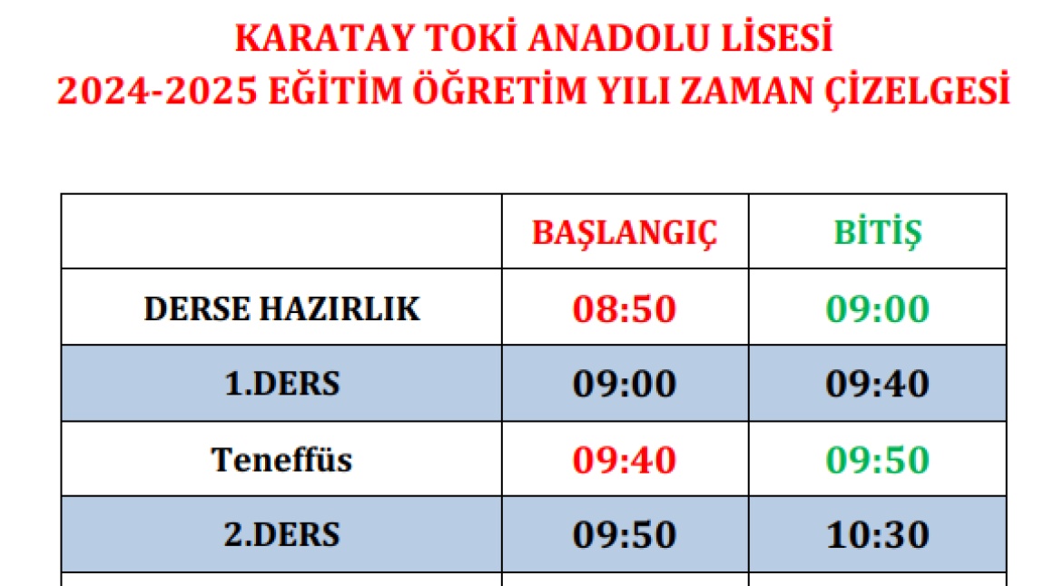 2024-2025 EĞİTİM ÖĞRETİM YILI ZAMAN ÇİZELGESİ